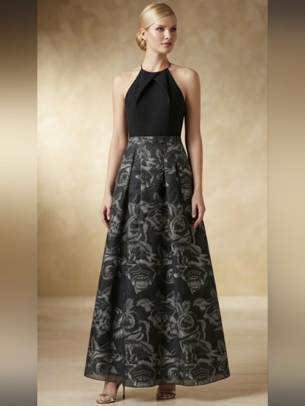 Aidan Mattox Black Halter Bodice Floral Jacquard Maxi Skirt